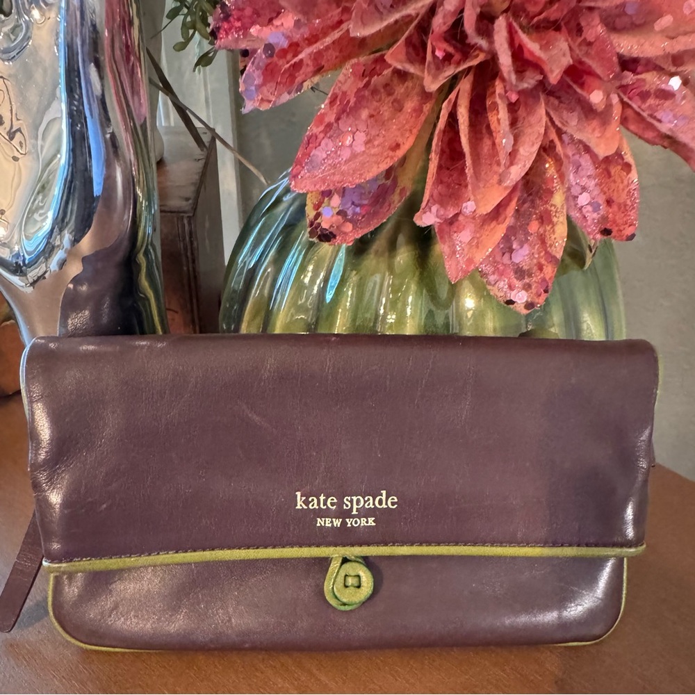 Unique & Rare  Kate Spade Remy Brown Clutch with Green Accent